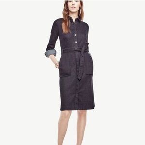 Ann Taylor Dark Wash Stretch Denim Shirtdress Tie Waist Size 0 Dark Academia